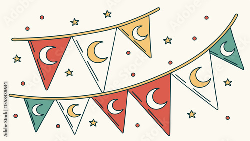 Illustration of festive crescent moon pennant banners with stars and dots on a light background