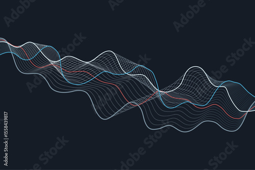 Dynamic curves of dots and lines move in harmony on a deep dark vector background