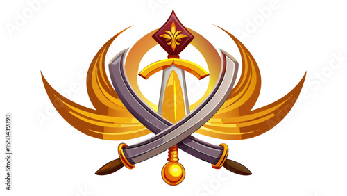 The Khanda sword emblem shines with metallic grace against a royal blue silk background, its edges catching diffused candlelight. Resting beside it, a ceremonial Sikh Kirpan glows softly, blade partia