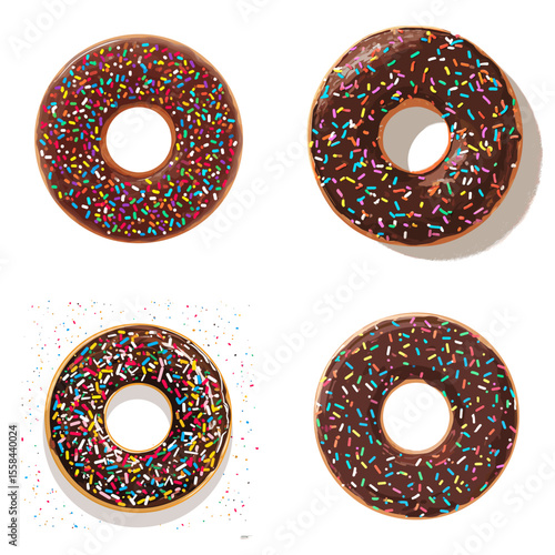 Chocolate glazed donuts topped with colorful rainbow sprinkles, ideal for bakery, sweet treats, and dessert menu illustrations.

