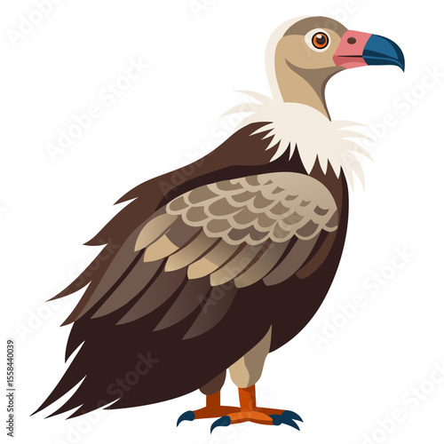a vulture with brown and tan feathers, a pink and blue beak, orange feet with blue claws, and distinctive scaly wing patterns in a stylized bird design.