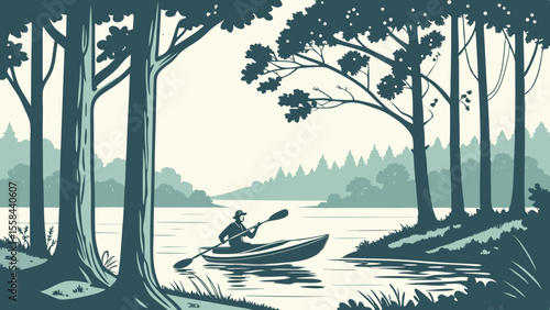 A serene scene of a person kayaking on a calm lake surrounded by trees and a distant forested landscape