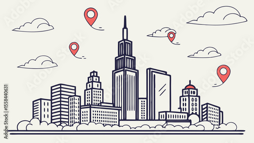 Illustration of a cityscape with various buildings and skyscrapers under a cloudy sky with location pins 100