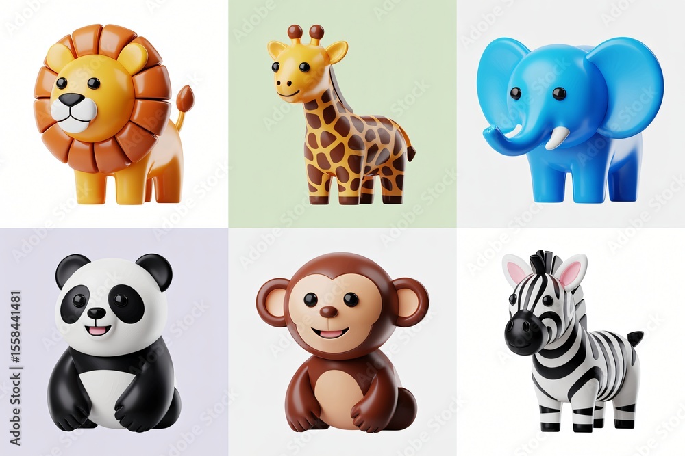 Obraz premium a charming collection of 3D cartoon zoo animals. A majestic lion, a tall giraffe, a friendly elephant, a playful panda, a curious monkey, and a striped zebra are all featured.