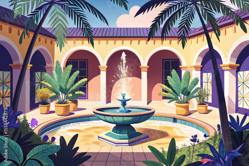 Vector illustration of a tropical courtyard garden featuring a central fountain, palm tree shadows, and lush greenery—perfect for exotic landscape, travel themes, and peaceful retreats