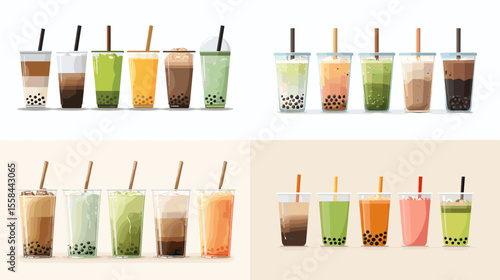 Realistic vector illustration of various bubble tea drinks with tapioca pearls in different flavors and colors, ideal for beverage menus, food posters, and cafe branding.

