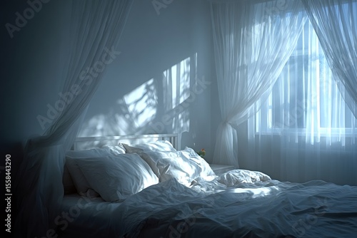 Sunlight is illuminating a cozy bedroom in the early morning, creating a peaceful and relaxing atmosphere with white bedsheets and curtains