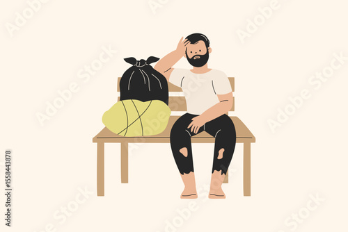 Illustration of Homeless Man Sitting on Bench