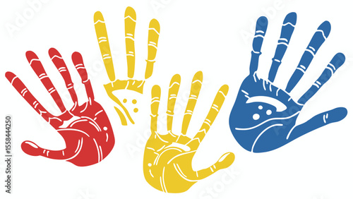 Colorful handprints in red yellow and blue showing diversity and community involvement and teamwork
