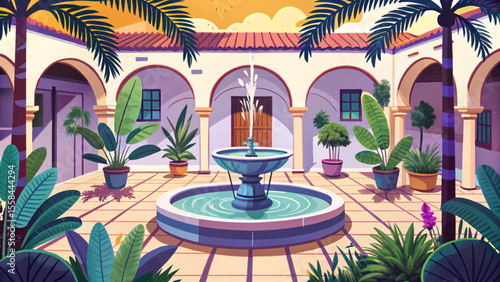 Vector illustration of a tropical courtyard garden featuring a central fountain, palm tree shadows, and lush greenery—perfect for exotic landscape, travel themes, and peaceful retreats