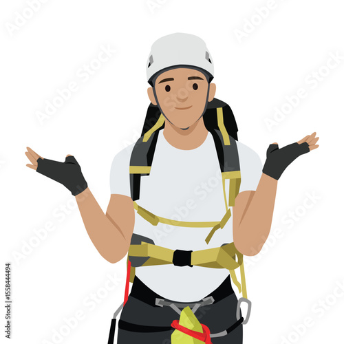 Hiker in safety gear with a helmet and harness raises both hands in a puzzled gesture. Flat vector illustration isolated on white background