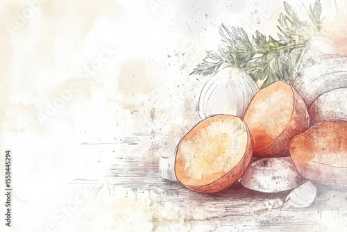 Rustic Still Life of Fresh Vegetables with a Soft Artistic Background Featuring Carrots, Onion, and Parsley Arrangement on Wooden Table