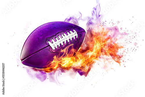 A vibrant purple football surrounded by flames, symbolizing energy and excitement in sports