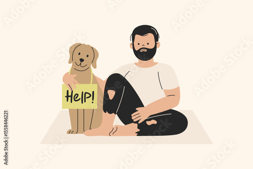 Homeless Man Sitting on Cardboard with a Dog Illustration