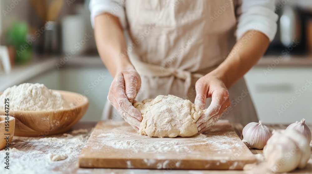 Fototapeta premium Cooking process for homemade bread in a kitchen with fresh ingredients and a wooden surface