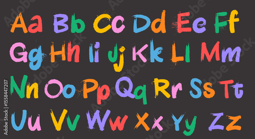 Bold strokes with splashes color alphabet with lowercase, uppercase letters. Capital letters in rustic style with thick strokes. Grunge graffiti font. Brush drawn grunge typography for design, posters