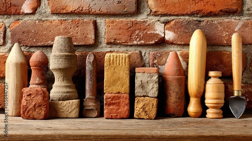 Brick wall construction with neatly arranged masonry tools, showcasing craftsmanship and precision in texture.