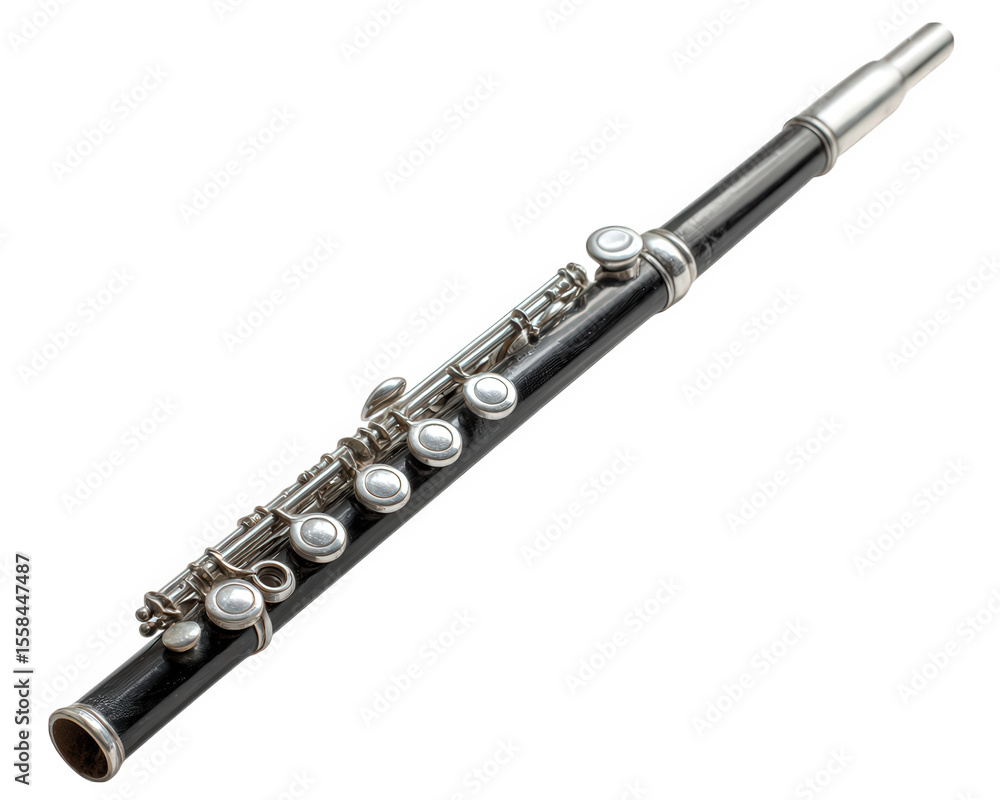 Fototapeta premium Black piccolo flute with silver keys and mouthpiece, isolated on transparency background, musical instrument, classical woodwind, shiny metal details, elegant design, studio lighting