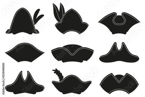 Set of pirate cocked hat silhouette. Black pirate cocked hat icons