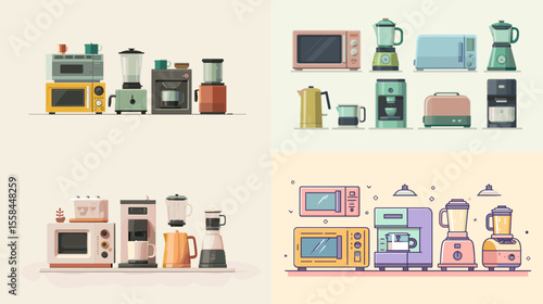 Stylish retro kitchen appliance vector set including blenders, microwaves, coffee makers, and kettles in soft pastel tones. Great for culinary or vintage home design.

