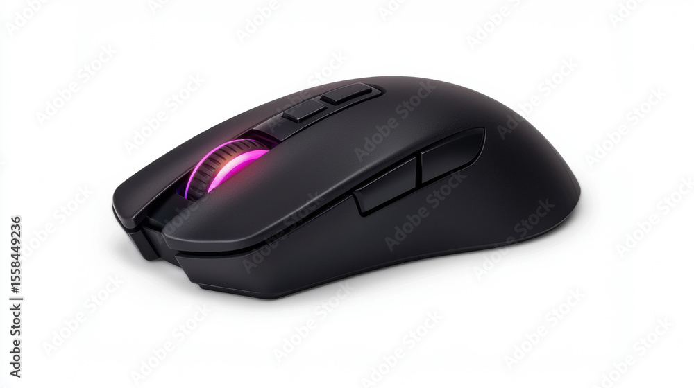 sleek black wireless gaming mouse with customizable buttons and a glowing purple scroll wheel on a white background. sleek black wireless gaming mouse with customizable buttons and a glowing purple scroll wheel on a white background.