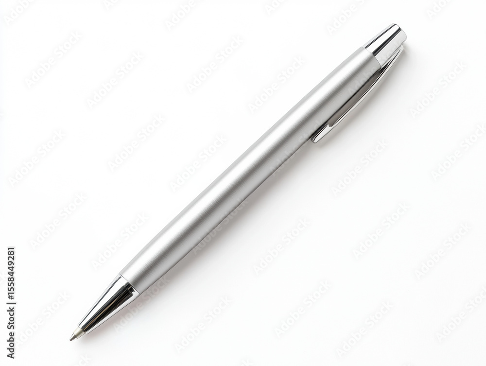sleek silver ballpoint pen with a clip, displayed on a white background. sleek silver ballpoint pen with a clip, displayed on a white background.