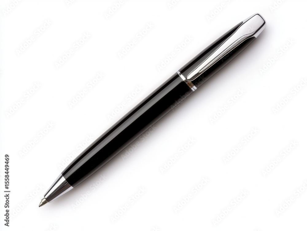 sleek, black and silver ballpoint pen with a polished metallic clip, set against a clean white background. sleek, black and silver ballpoint pen with a polished metallic clip, set against a clean white background.