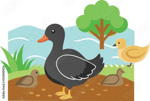 ducky, waterfowl, bird, yellow and black, cartoon, digital art, minimalist illustration
