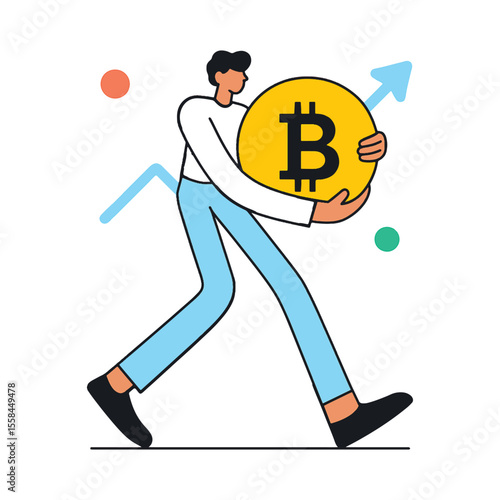 Flat vector illustration of a person carrying a large Bitcoin symbol with an upward arrow, representing cryptocurrency growth. Clean white background.