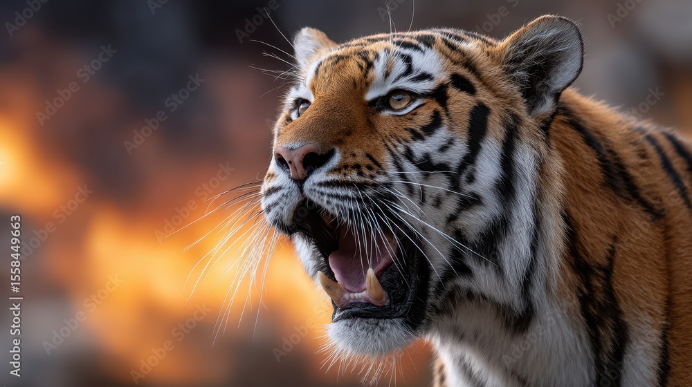 Fototapeta premium A powerful tiger roars ferociously, set against a dramatic backdrop of flames. This stunning moment captures the essence of wild power and fierce beauty found in nature