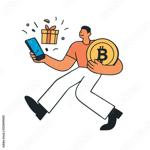 Happy man holding a Bitcoin and smartphone, receiving a gift reward. Fun flat style vector illustration about crypto bonuses and online transactions.