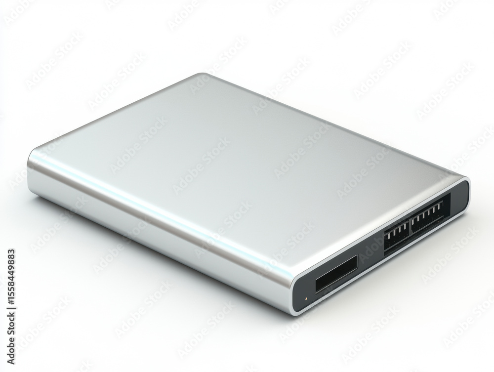 sleek, silver external hard drive with a rectangular shape and a USB port for data connection and transfer. sleek, silver external hard drive with a rectangular shape and a USB port for data connection and transfer.