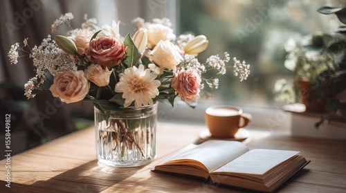 Wallpaper Mural Cozy Home Interior with Fresh Floral Arrangement, Coffee, and Book in Natural Light Torontodigital.ca