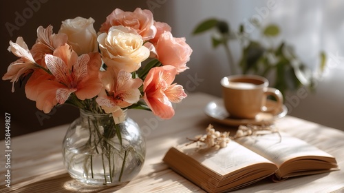 Wallpaper Mural Cozy Home Interior with Fresh Floral Arrangement, Coffee, and Book in Natural Light Torontodigital.ca