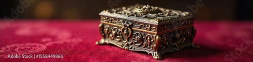 Intricately Carved Antique Jewellery Box Rests on Velvet, Perfect for Heirlooms or Trinkets; Elegant Display Case Interior Design