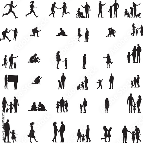 Vector EPS Silhouette Set Depicting Diverse Human Activities, Social Interactions, and Everyday Moments Across All Ages