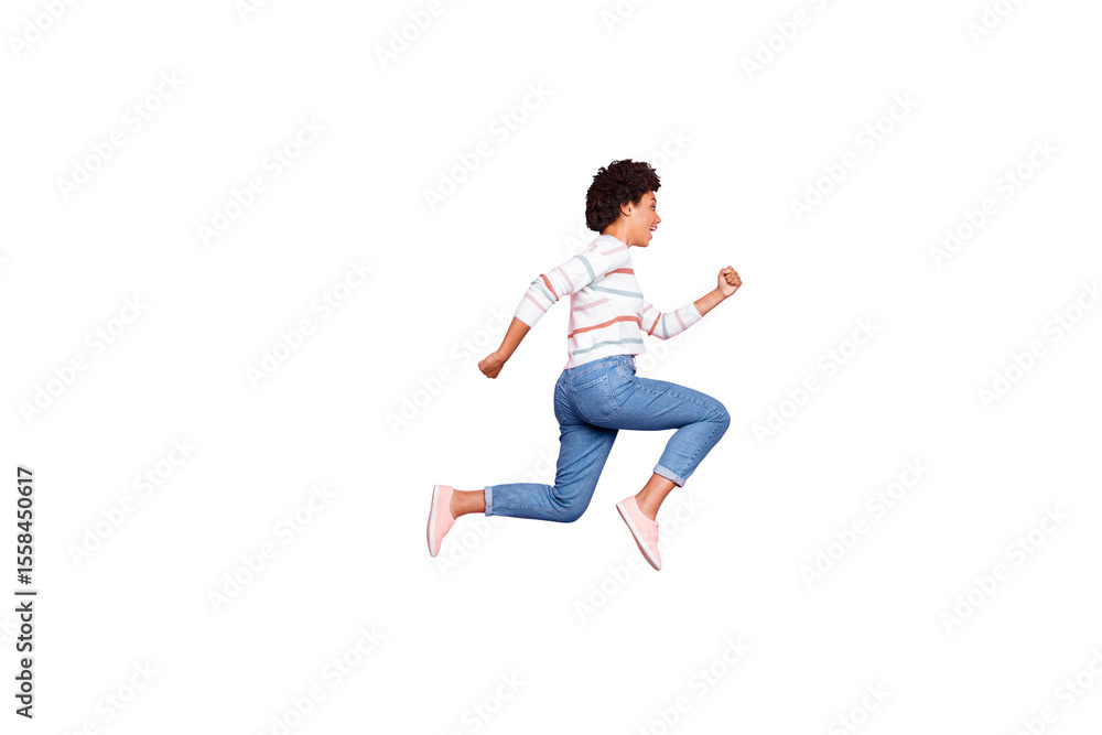 Full length body size side profile photo of moving charming cute black sports woman wearing jeans denim white striped sweater running jumping isolated pastel color background Full length body size side profile photo of moving charming cute black sports woman wearing jeans denim white striped sweater running jumping isolated pastel color background