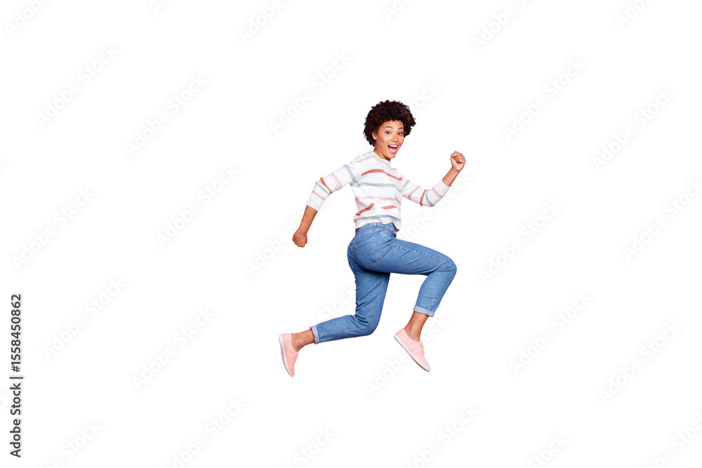 Full length body size photo of cute excited ecstatic sweet cute woman running jumping fast quickly with emotional face expression isolated over pink pastel color background Full length body size photo of cute excited ecstatic sweet cute woman running jumping fast quickly with emotional face expression isolated over pink pastel color background