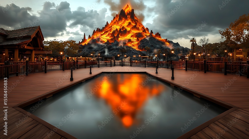Obraz premium Majestic volcanic mountain erupting in the background with a serene pool in the foreground