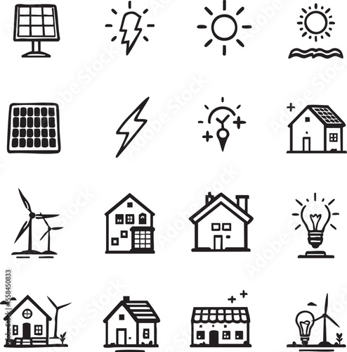 Renewable Energy Vector EPS File Featuring Solar Panels, Wind Turbines, Eco Homes, and Green Technology Icons