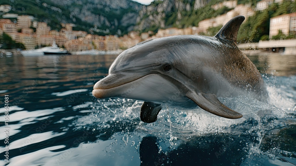 Obraz premium Dolphin leaps from the azure waters near Monaco amid stunning mountain backdrop during nautical adventure