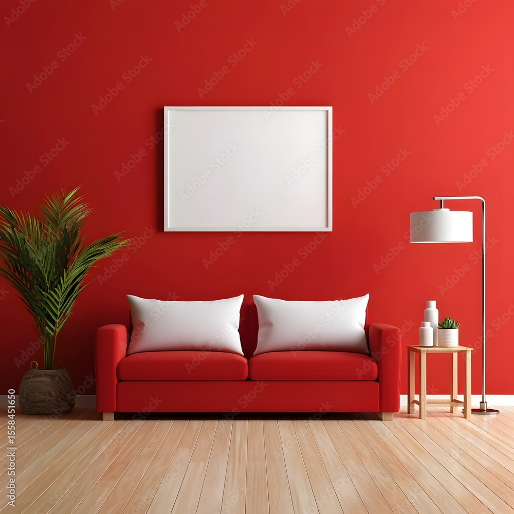 Modern living room with red sofa white framed artwork and a floor lamp Modern living room with red sofa white framed artwork and a floor lamp