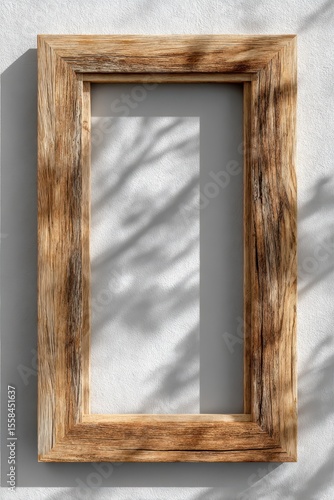 A vertical wooden frame made from light-colored wood stands against a textured wall, creating interesting shadows as daylight streams through. The frame emphasizes natural materials and simplicity