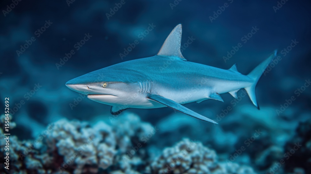 Fototapeta premium A head-necked shark passing by clusters of underwater rocks in dim blue light