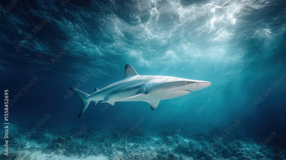 Fototapeta premium A head-necked shark gliding through deep blue waters with gentle ripples on the surface