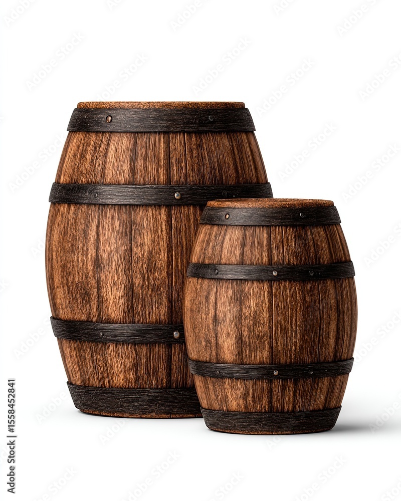 Fototapeta premium Two wooden barrels of different sizes, displaying rustic, hand-crafted design and textures.