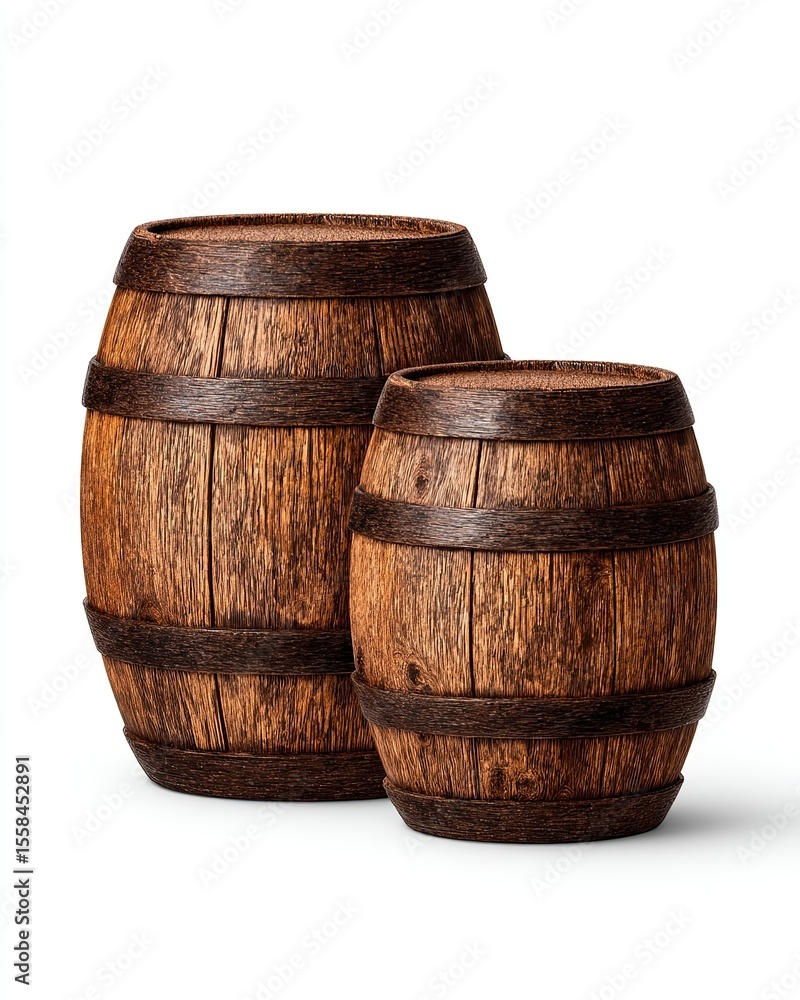 Obraz premium Two rustic wooden barrels of varying sizes stand side by side against a plain white backdrop, vintage style.