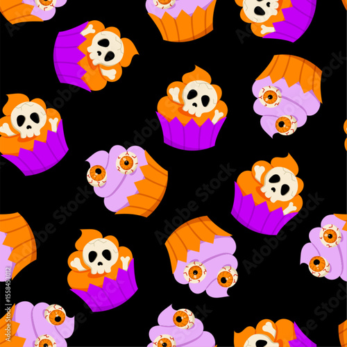 Halloween cupcakes seamless pattern. Vector Halloween repeat print with cute little cake, skulls, bones and zombie eyes on black background. Funny texture for fabric, decoration, wrapping, backdrop.