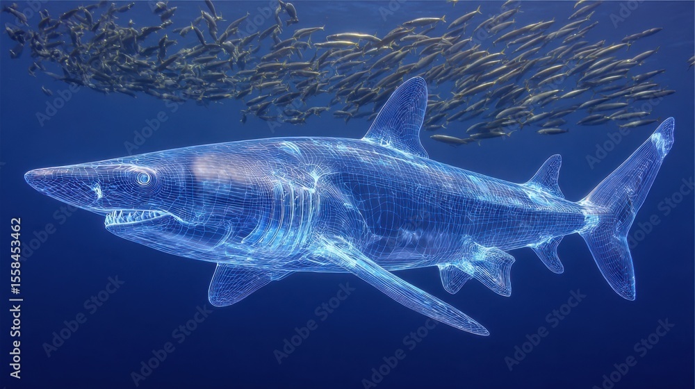 Obraz premium Clear outline of head-necked shark with distant school of fish in background
