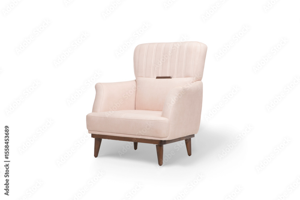 Fototapeta premium Elegant pink armchair with channel-tufted back and wooden legs. Modern mid-century style furniture isolated on a white background for interior design.